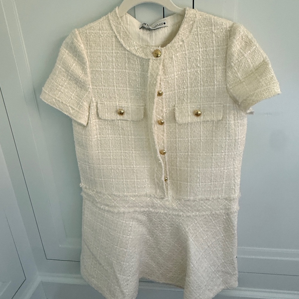 Zara Chic Cream Tweed Dress with Gold Buttons like new